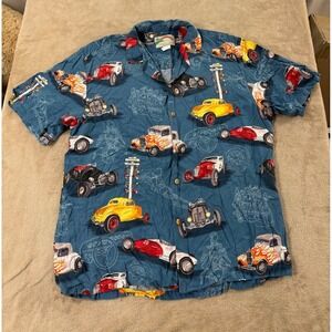 Paradise Found shirt mens size L Hot Rod Hawaiian Rayon Blue Classic Car EUC